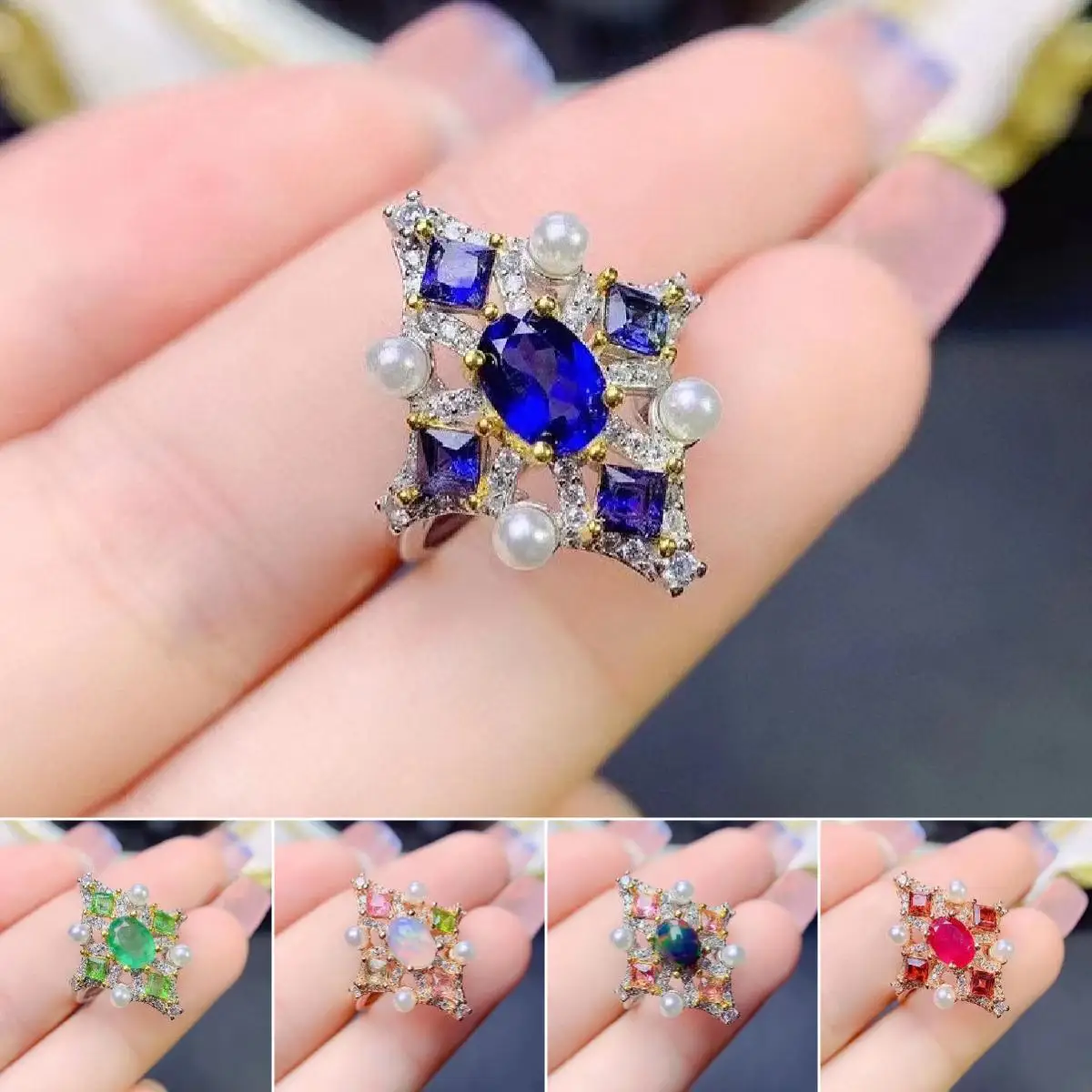 

FS Natural Emerald/Sapphire/Ruby/Opal Ring Real S925 Sterling Silver Fashion Fine Weddings Charm Jewelry for Women MeiBaPJ