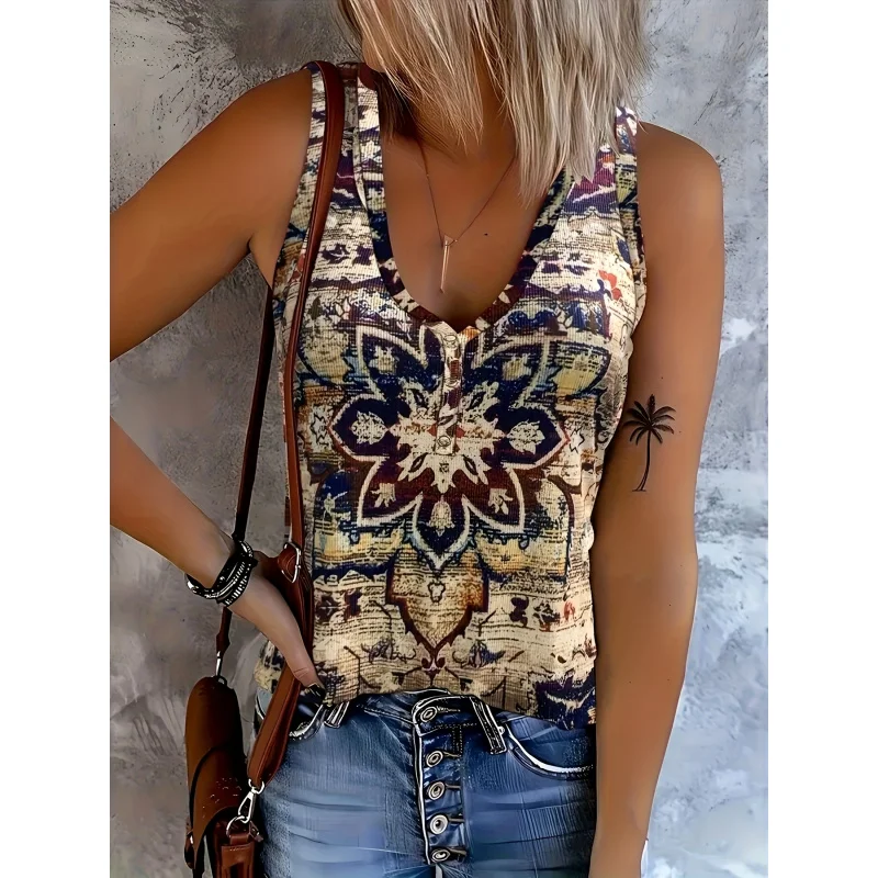 

Ethnic Floral Print Vest, Vintage Button-front Summer Sleeveless Top, Women's Clothing