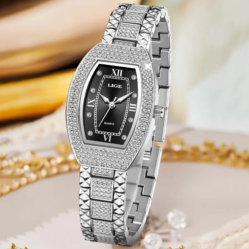 

LIGE оригинальные бриллиантовые часы для женщин, модные элегантные водонепроницаемые кварцевые наручные часы из нержавеющей стали, роскошные женские деловые часы