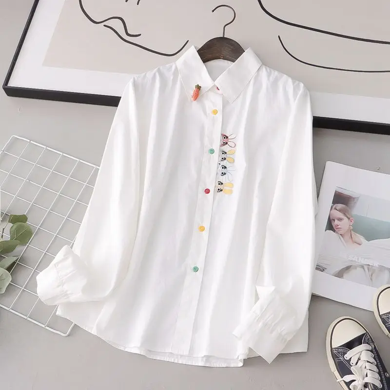 

2023 New Spring and Autumn Art Little Fresh Cartoon Embroidery Rabbit Colorful Button Loose Relaxed Long Sleeve Student Shirt