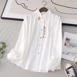 2023 New Spring and Autumn Art Little Fresh Cartoon Embroidery Rabbit Colorful Button Loose Relaxed Long Sleeve Student Shirt