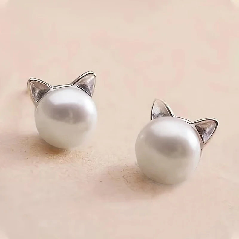 Huitan น่ารักเลียนแบบ Pearl Cat EAR STUD ต่างหู 925 เงินสเตอร์ลิงคุณภาพสูงน่ารักอุปกรณ์เสริมที่ละเอียดอ่อนเครื่องประดับ Hot