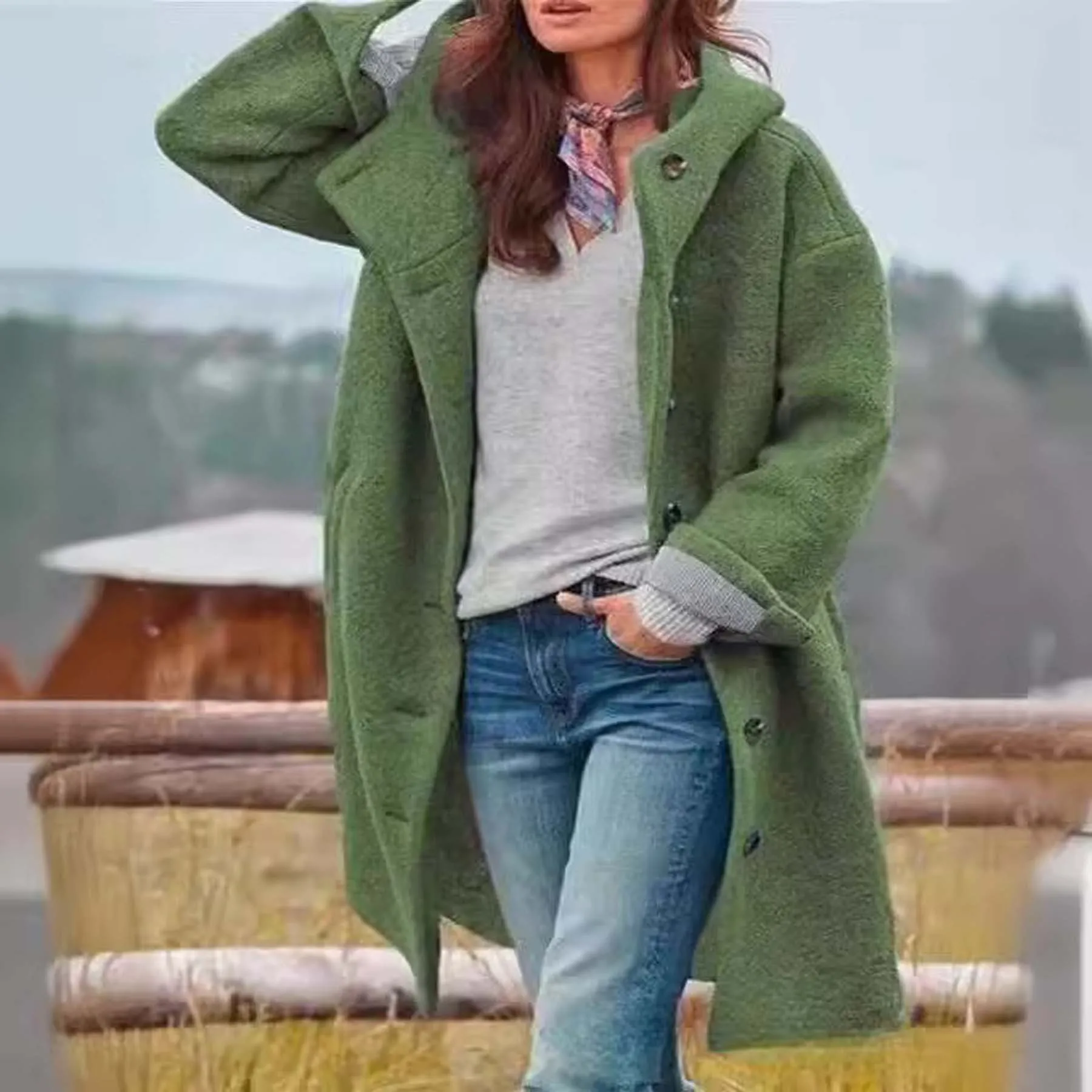 Ladies Hooded Woolen Overcoat Single Breasted Button Long Sleeve Mid‑Length Coat With Pockets Women Autumn Winter Warm Outerwear