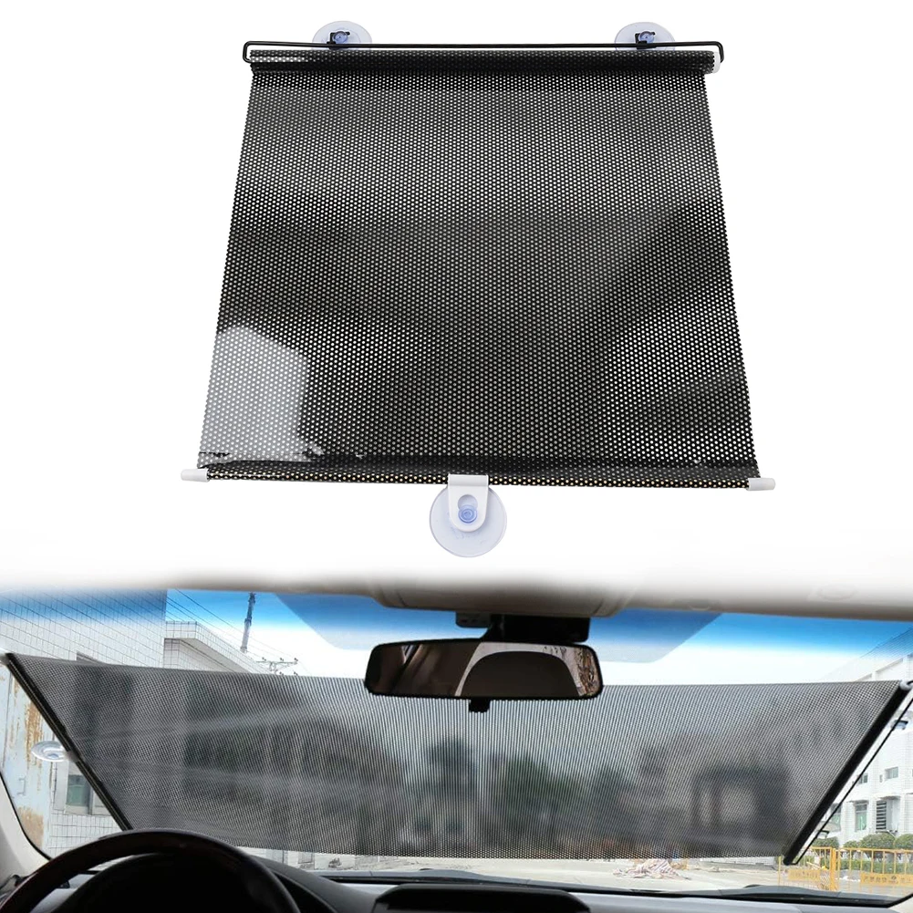 Front Window Telescopic Curtain Sun Shade Car Windshield 1 Pc Measuring 45cm×125cm for a wide range vehicles Metal PVC Black