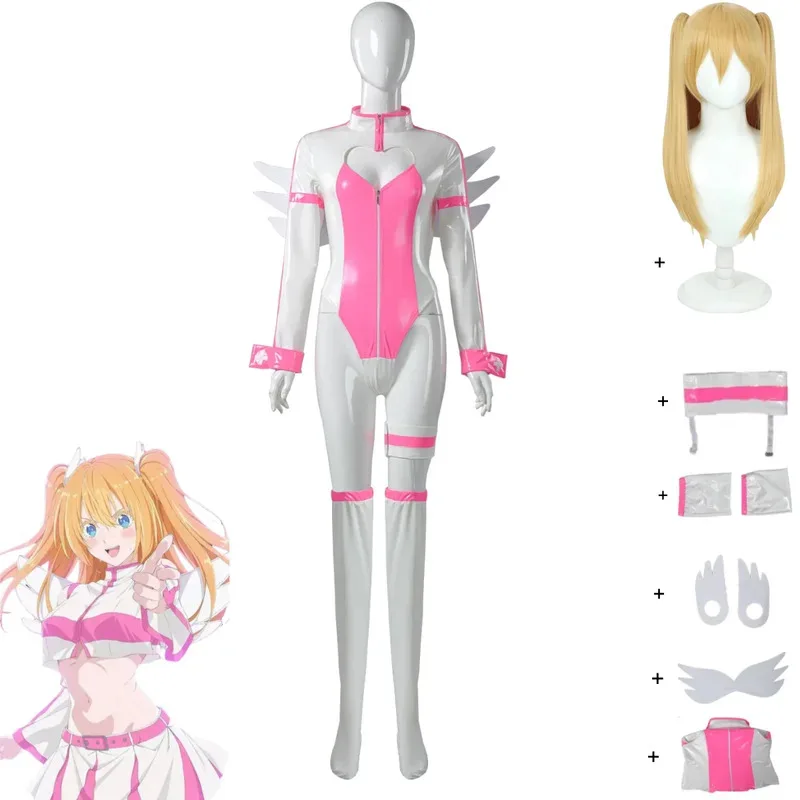 애니메이션 2.5 차원 유혹 아마노 Lilysa Liliel 코스프레 의상 핑크 화이트 PU 점프 슈트 가발 여성 섹시한 러블리 카니발 슈트