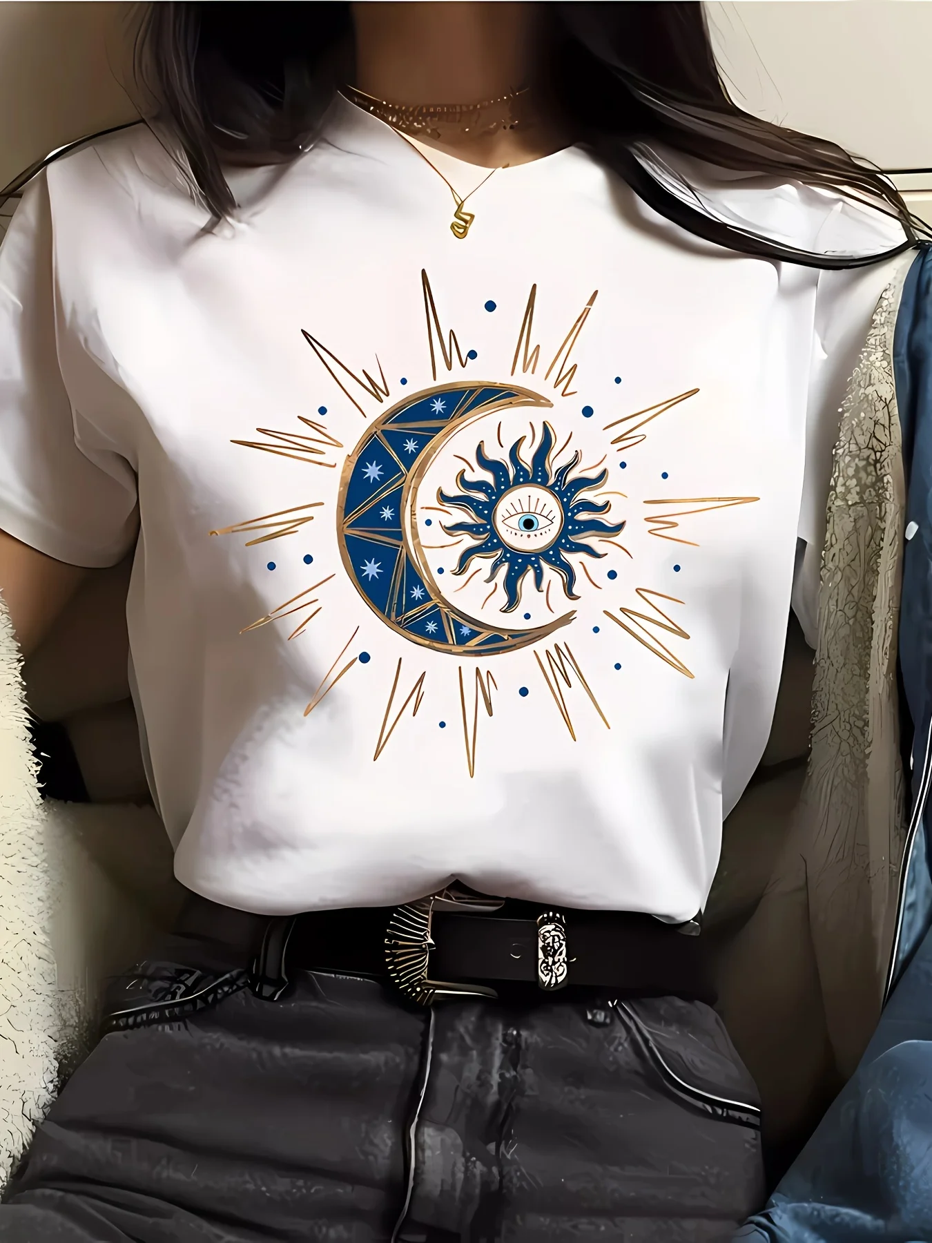Lässiges Kurzarm-T-Shirt für Damen, bequeme Passform, sportliches Grafik-T-Shirt mit Sonnen- und Mond-Aufdruck, Rundhals-Top für den täglichen Gebrauch, Y2K-Mode
