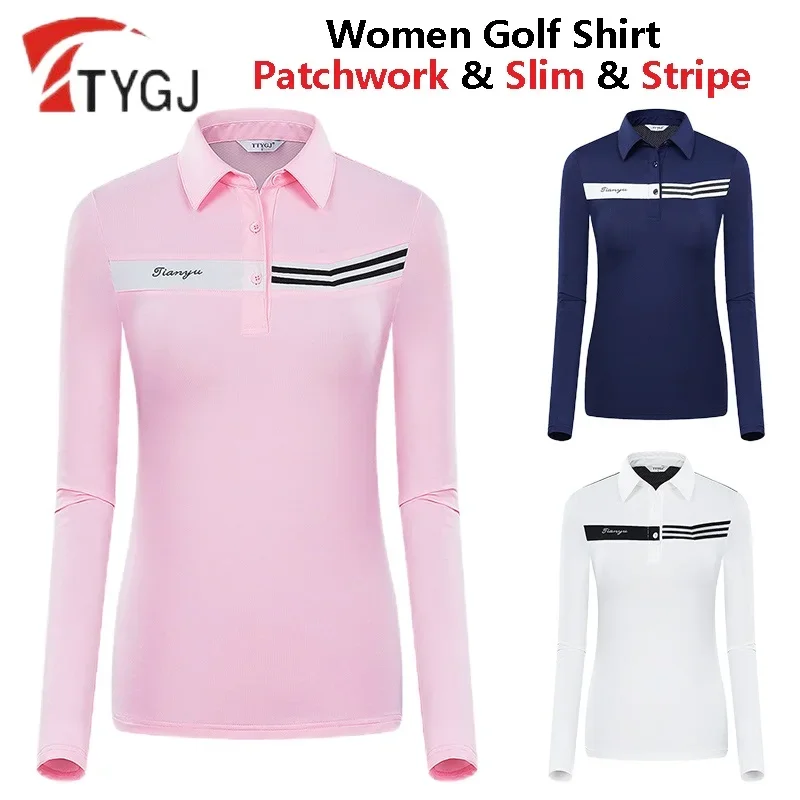 

TTYGJ Autumn Women Long Sleeve Golf Shirt Ladies Stripe Elastic Top Female Breathable Polo T-shirt Anti-sweat Casual Golf Blouse