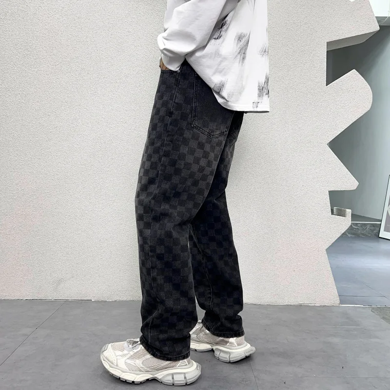 Plaid & printed jeans for men 2024 Autumn New Fashion Street straight loose casual wide-leg mop Y2K denim long pants