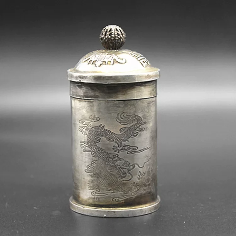 Size 8.5 × 4.4 CM Old China Tibet Silver Carving Dragon Phenix Bat Inlay Toothpick Bucket