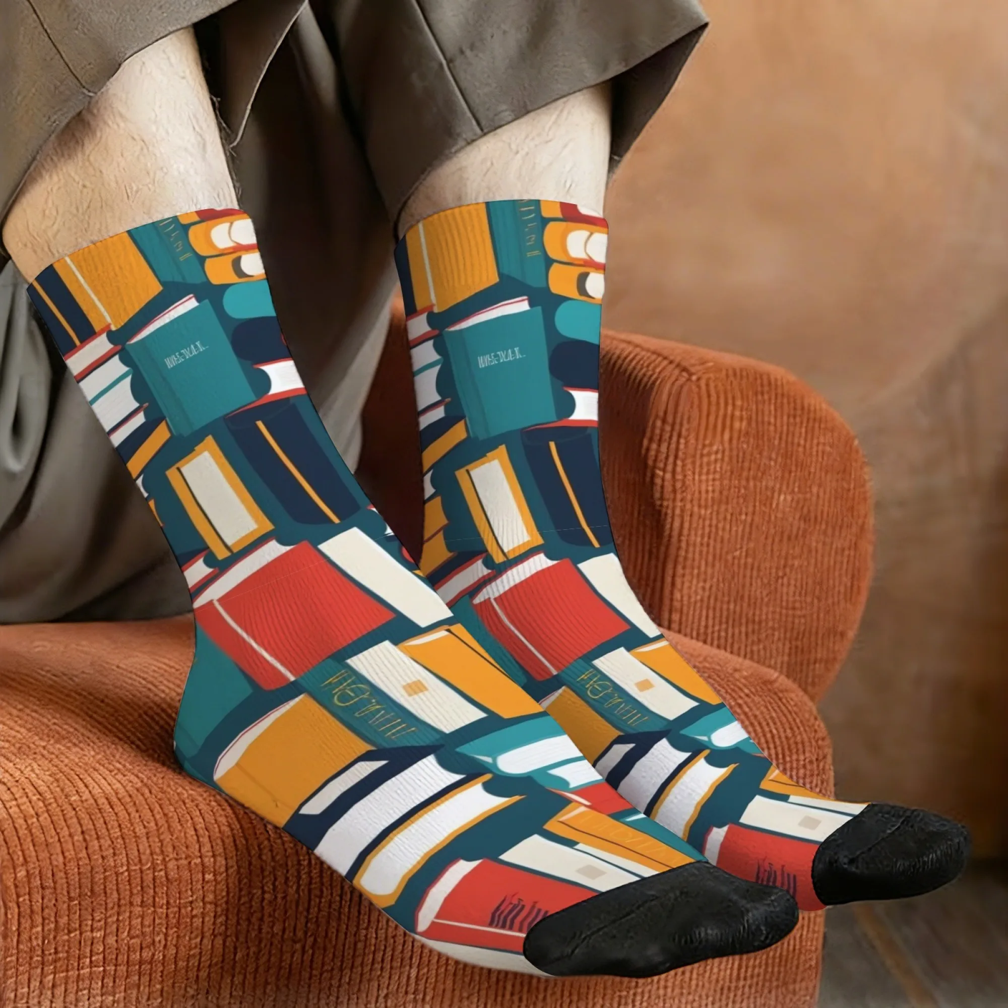 1 Pair Men's Book-Themed Compression Socks Rainbow Bookshelf & Library Print Book Spine Patterns Comfortable for Book Lovers