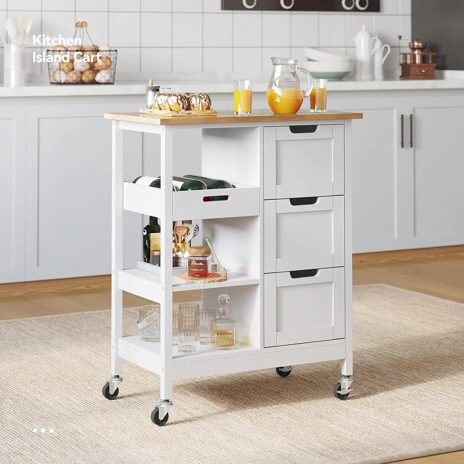 

Kitchen Island Cart on Wheels with Storage, Rolling Portable Dining Room Serving Utility Carts Mobile Movable with 3 Drawers