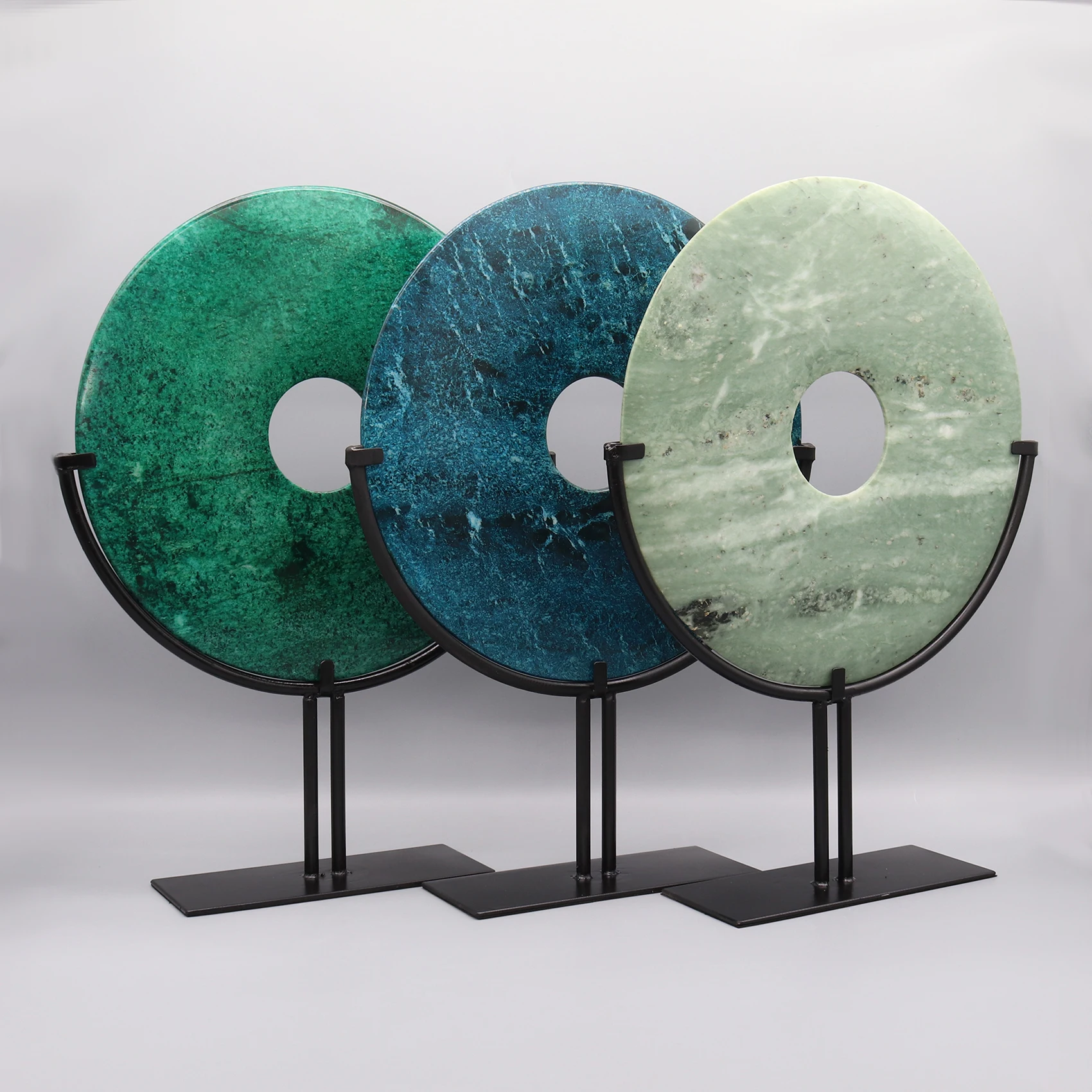 Round Marble Stone Decoration, Fortune Stone with Metal Base, Yubi Jade Disc