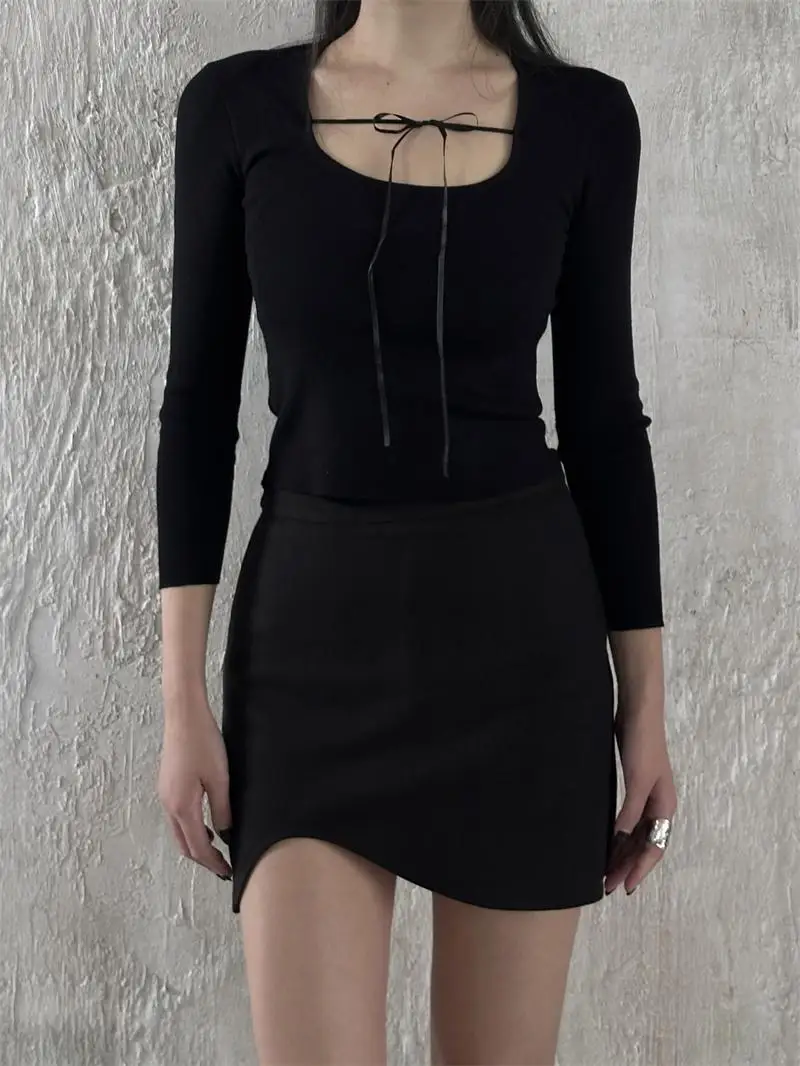 

MOONLET Casual High Waist A-Line Skirt Asymmetrical Slimming Bla Versatile Women's Polyester ort Skirts