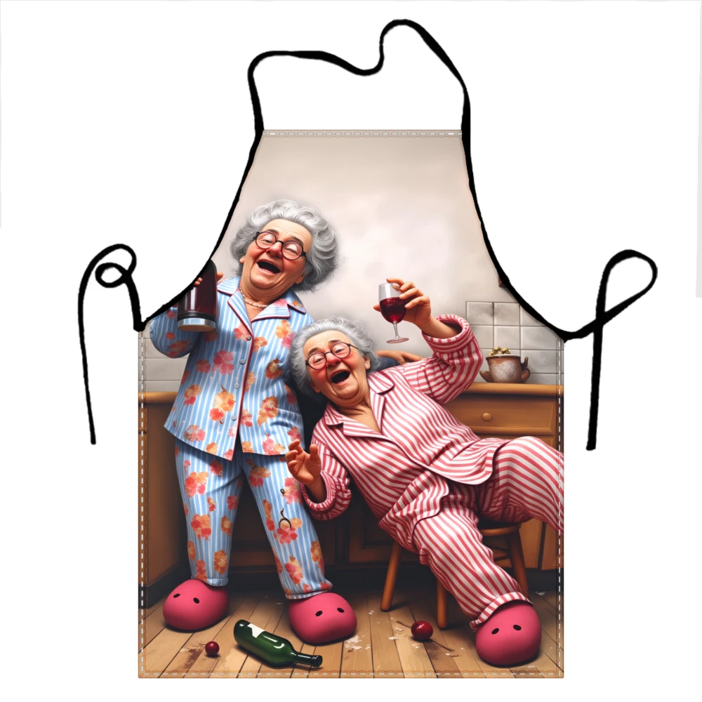 Funny Grandmas In Pajamas Apron Kitchen Cooking Gift For Women Men Humor Art Print Apron With Neck And Waist Straps