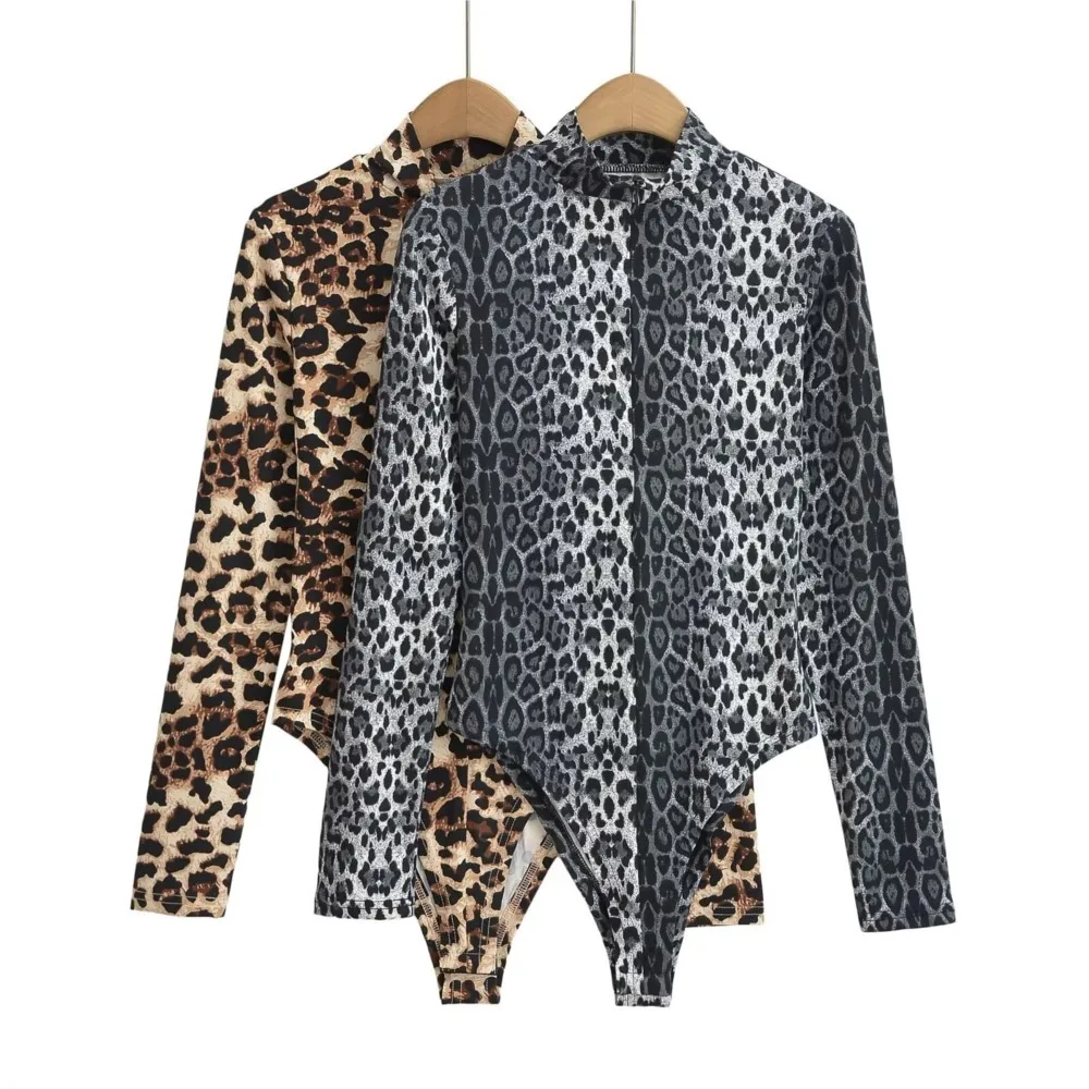 Body de manga larga con estampado de leopardo y cuello levantado con cremallera abierta Retro americano, mono Sexy para mujer, monos ajustados