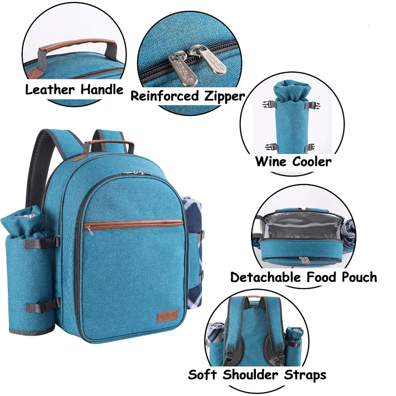 

Picnic Backpack Set for 2 Person with Cooler Compartment, Detachable Bottle/Wine Holder, Fleece Blanket