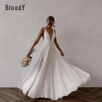 Elegante A-Linie Brautkleider V-Ausschnitt Spaghettiträger Split Open Back Chiffon Brautkleid Zug Vestidos De Noiva Maßgeschneidert