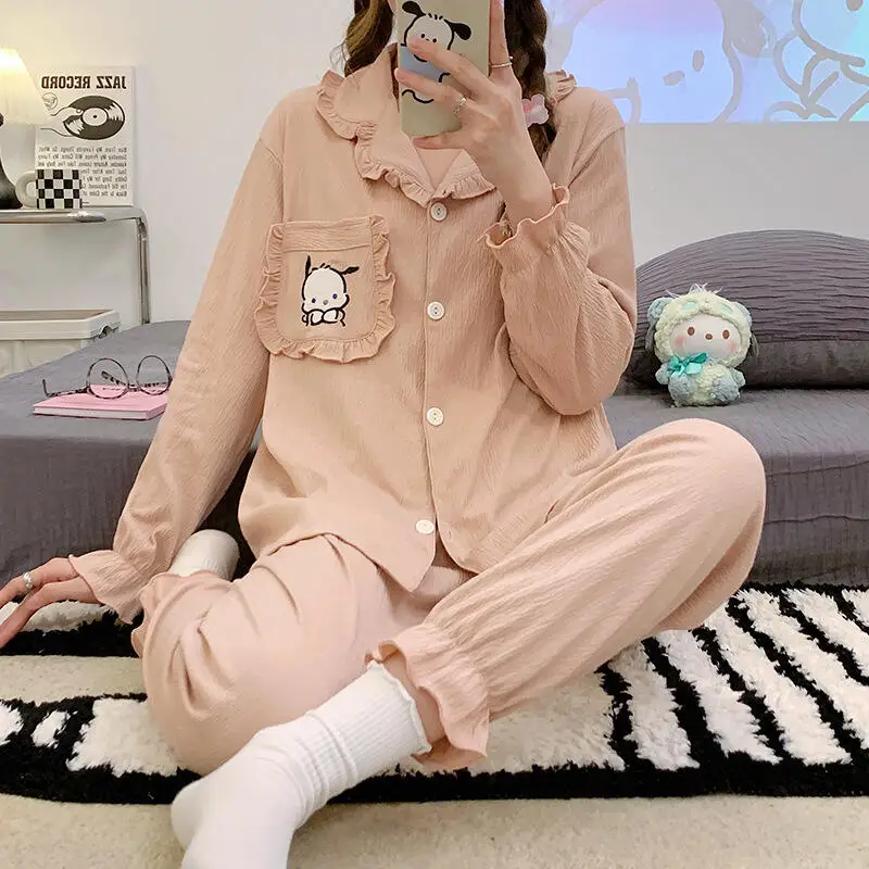 

Women's Kawaii Pochacco Pajama Set Ruffle Trim Button-Down Sleepwear Cute Cartoon Print Casual Nightwear Two-Piece Loungewear