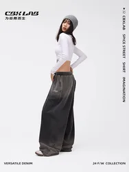 CBXLAB Street Dance Women' s Oversize denim pants, gradient hip-hop wash, retro style, K-pop casual pants