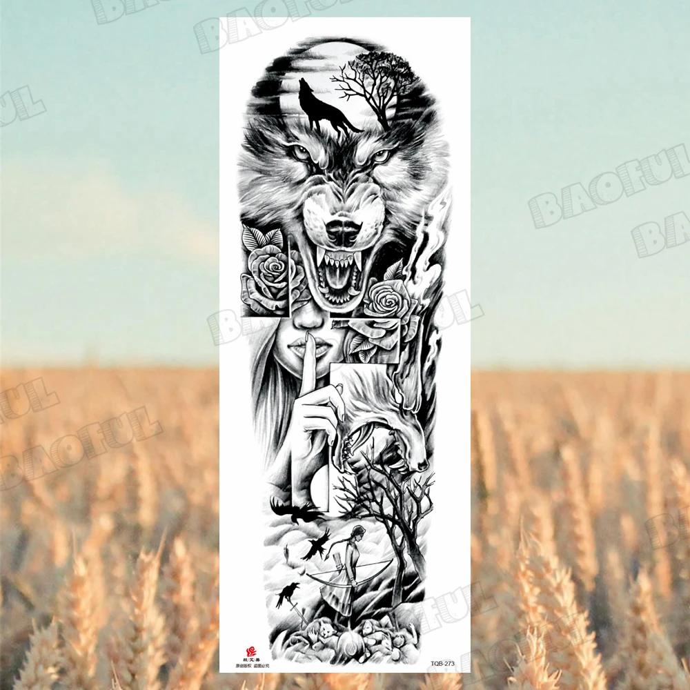 Arm Sleeve Temporary Tattoos For Women Men Realistic Wolf Lion Rosette War Maori Flower Fake Tattoo Stickers Sexy Thigh Tatoos