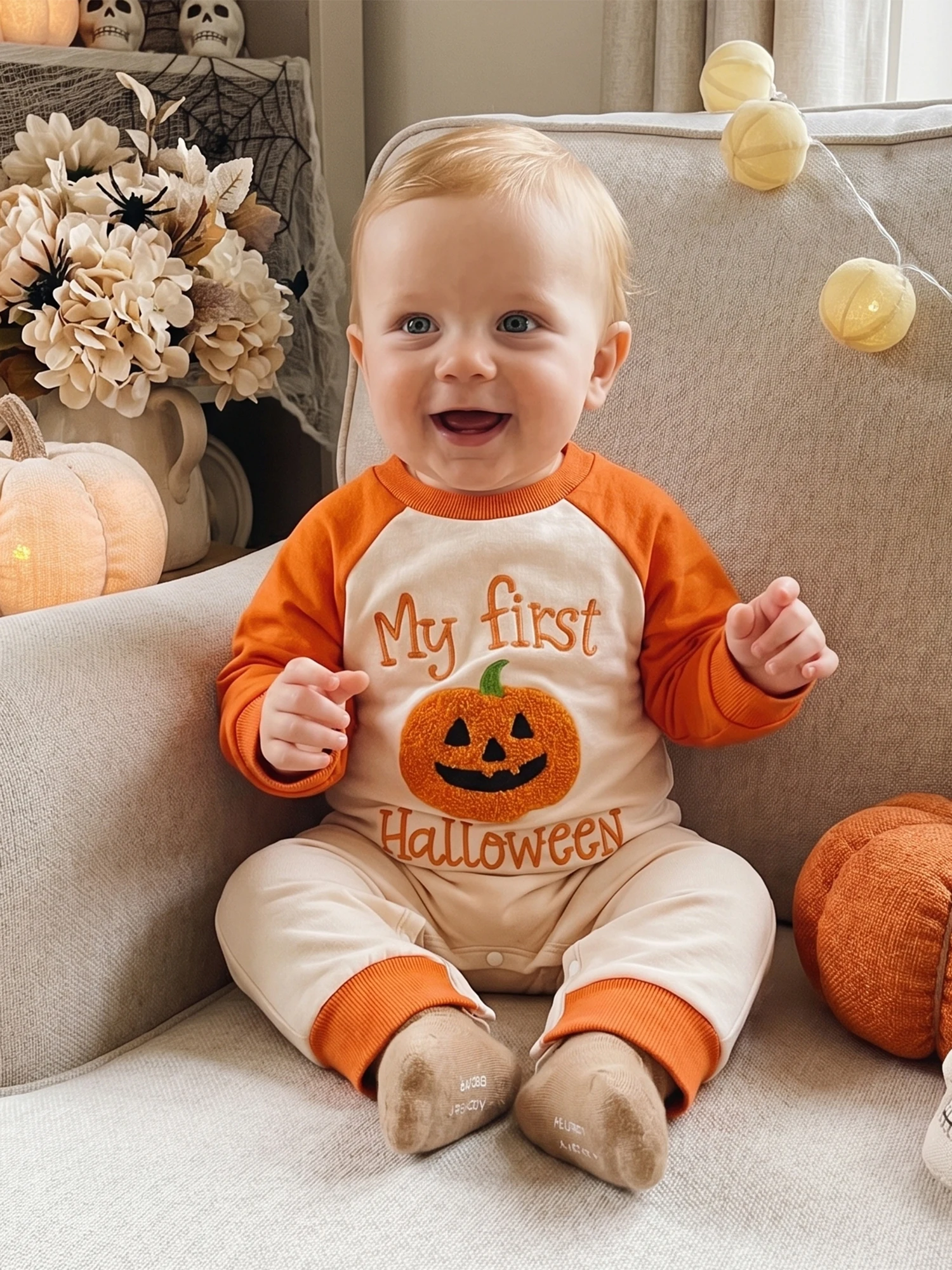 Baby-Halloween-Strampler mit Kürbis-Buchstaben-Stickerei, langer Raglan-Ärmel-Overall, niedliche Herbst-Feiertagskleidung für Kleinkinder, Jungen und Mädchen – Detail 5