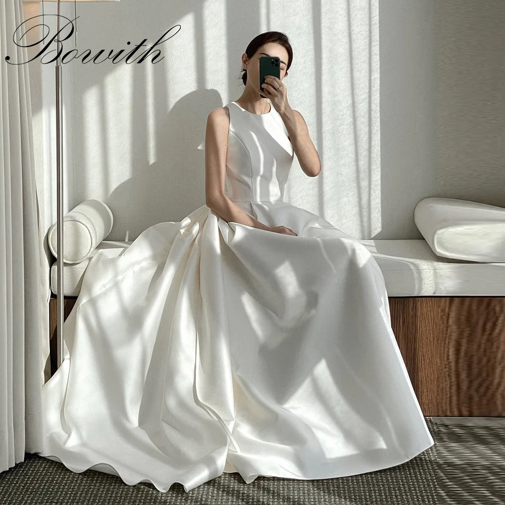 

Bowith O-Neck Sleeveless Wedding Dresses Korea Photo Shoot Satin A Line Simple Elegant Customized Bridal Gown 웨딩드레스,신상원피스,이브닝 드레