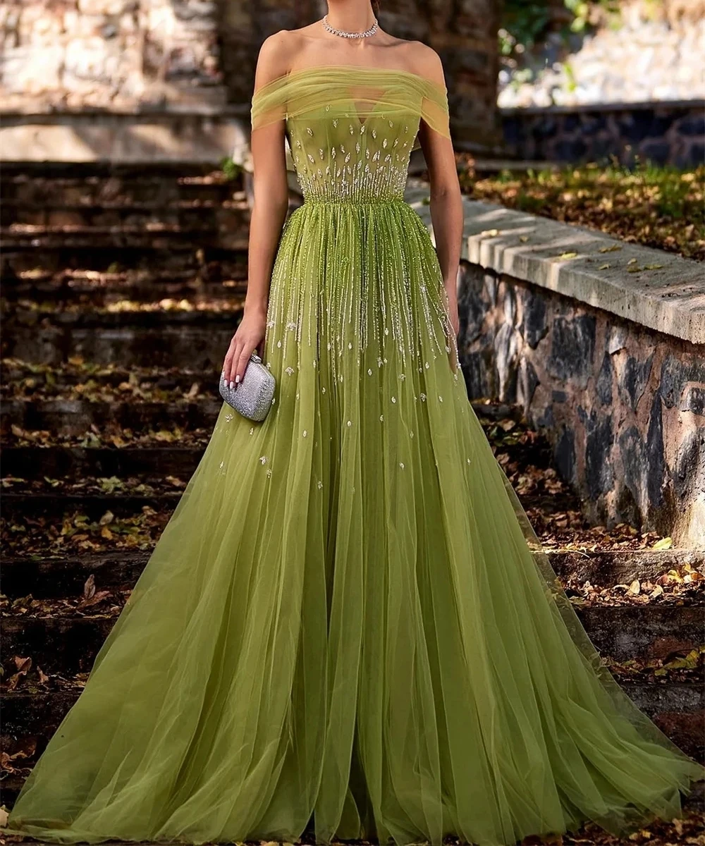 

Ashely Alsa Saudi Arabic Oliver Green Evening Dresses Women Strapless Beading Sequined Floor Length Formal Prom Dress Party Gown