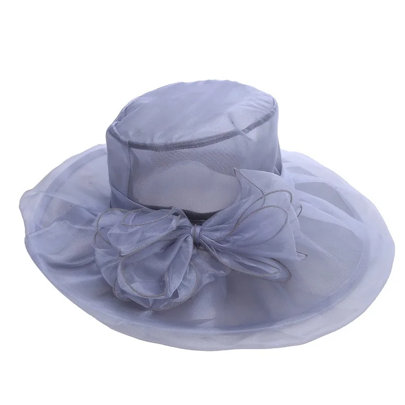 Elegant Bow Lady Hat Summer Organza Wide Brim Sunscreen Kentucky Derby Hats For Women Church Wedding Beach Sun Cap Foldable