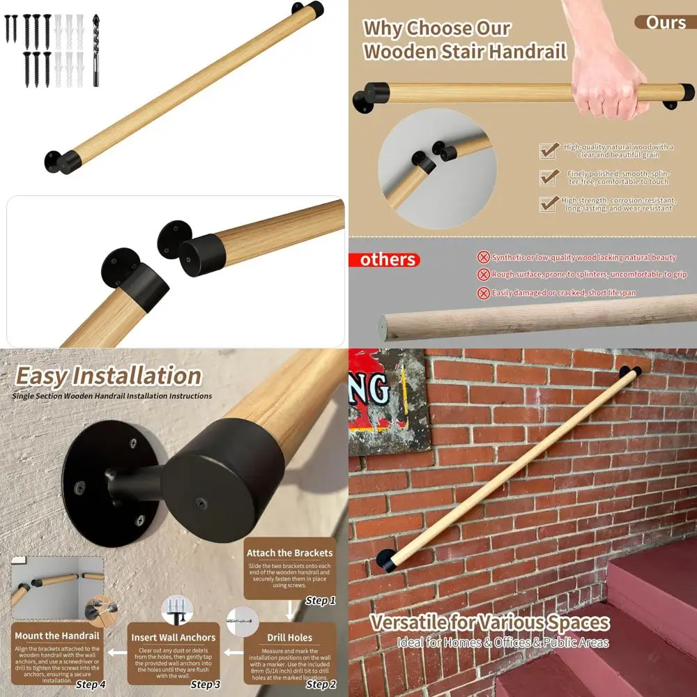 

Sturdy Wooden Stair Handrails for Indoor and Outdoor Use, Wall-Mounted Safety Rails, Non-Slip Support for Elderly and Children