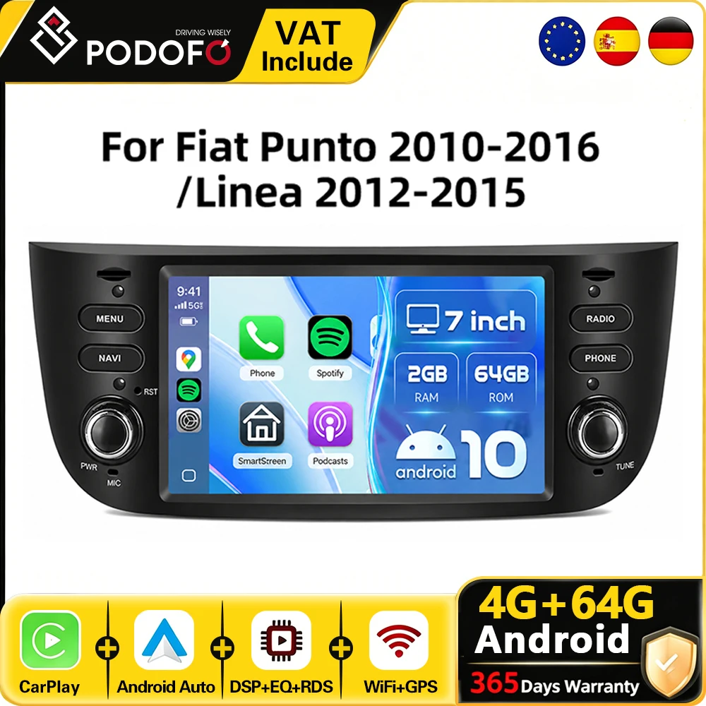 Autoradio Android Podofo CarPlay pour Fiat Punto 2010-2016 Linea 2012-2015, système intelligent de voiture, récepteur stéréo GPS 2din, autoradio RDS, lecteur multimédia de voiture, unité principale pour tableau de bord