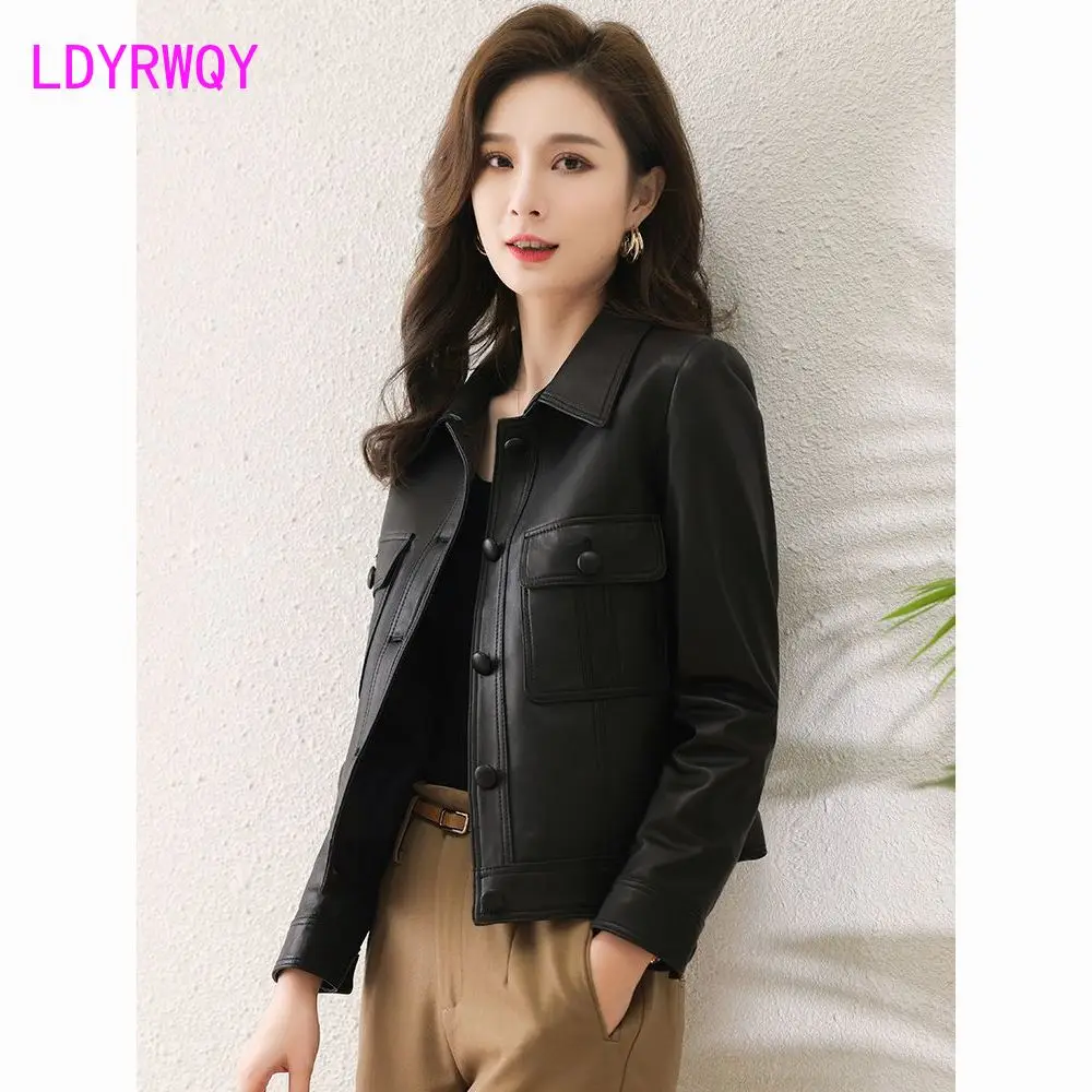 Polo Collar Leather Coat Women's 2023 New Leather Jacket Motorcycle Women's Short Coat