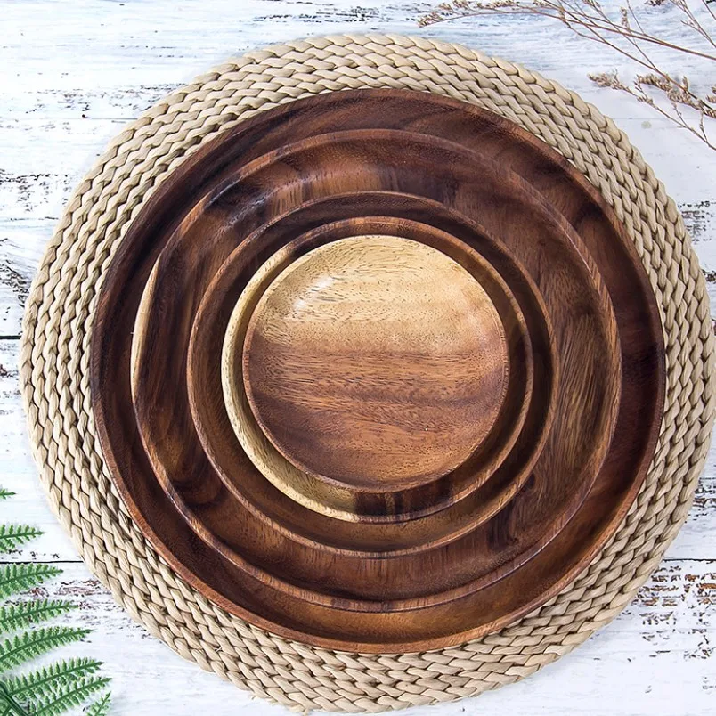 High Quality Acacia Wood Serving Plate Eco-Friendly Classic Minimalist Design Polished Ins Technique Different Sizes Hotels