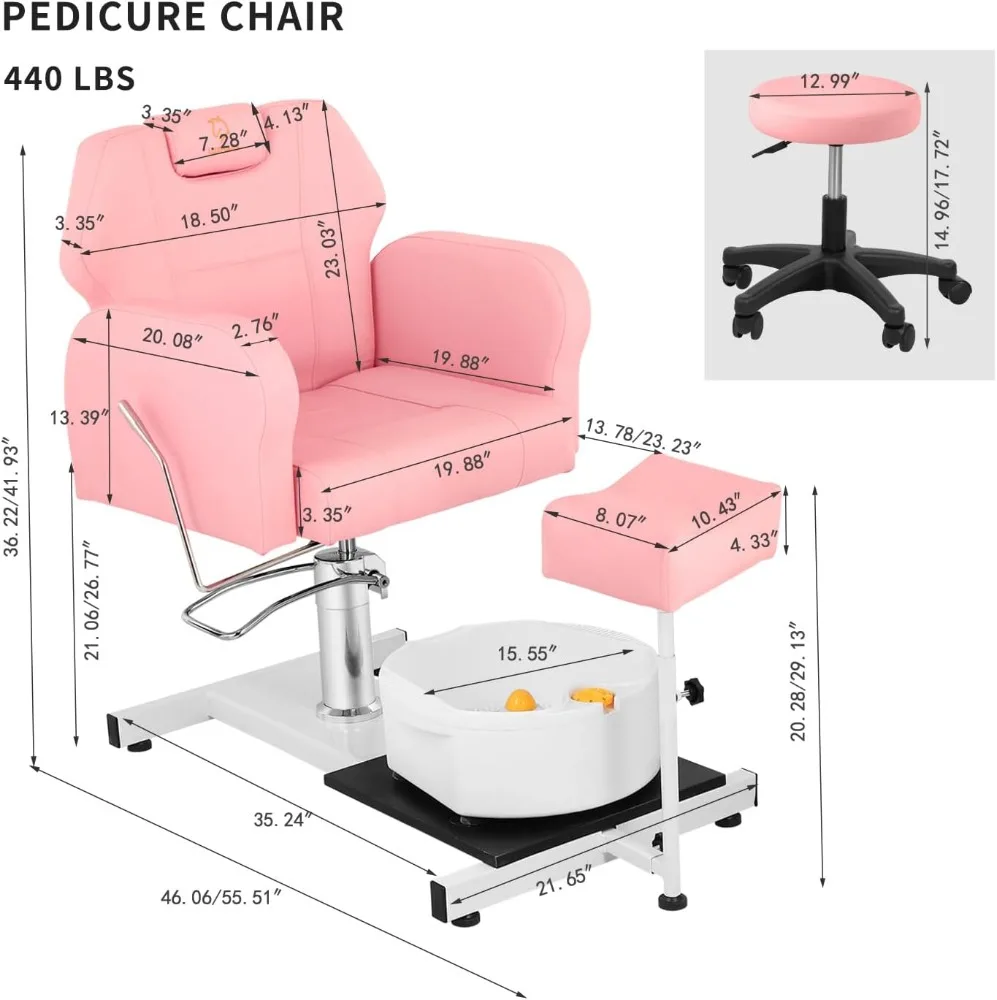 Reclining Pedicure Chair Station, 360° Rotation Hydraulic Adjustable Spa Pedicure Chair No Plumbing Unit Station with Foot Basin