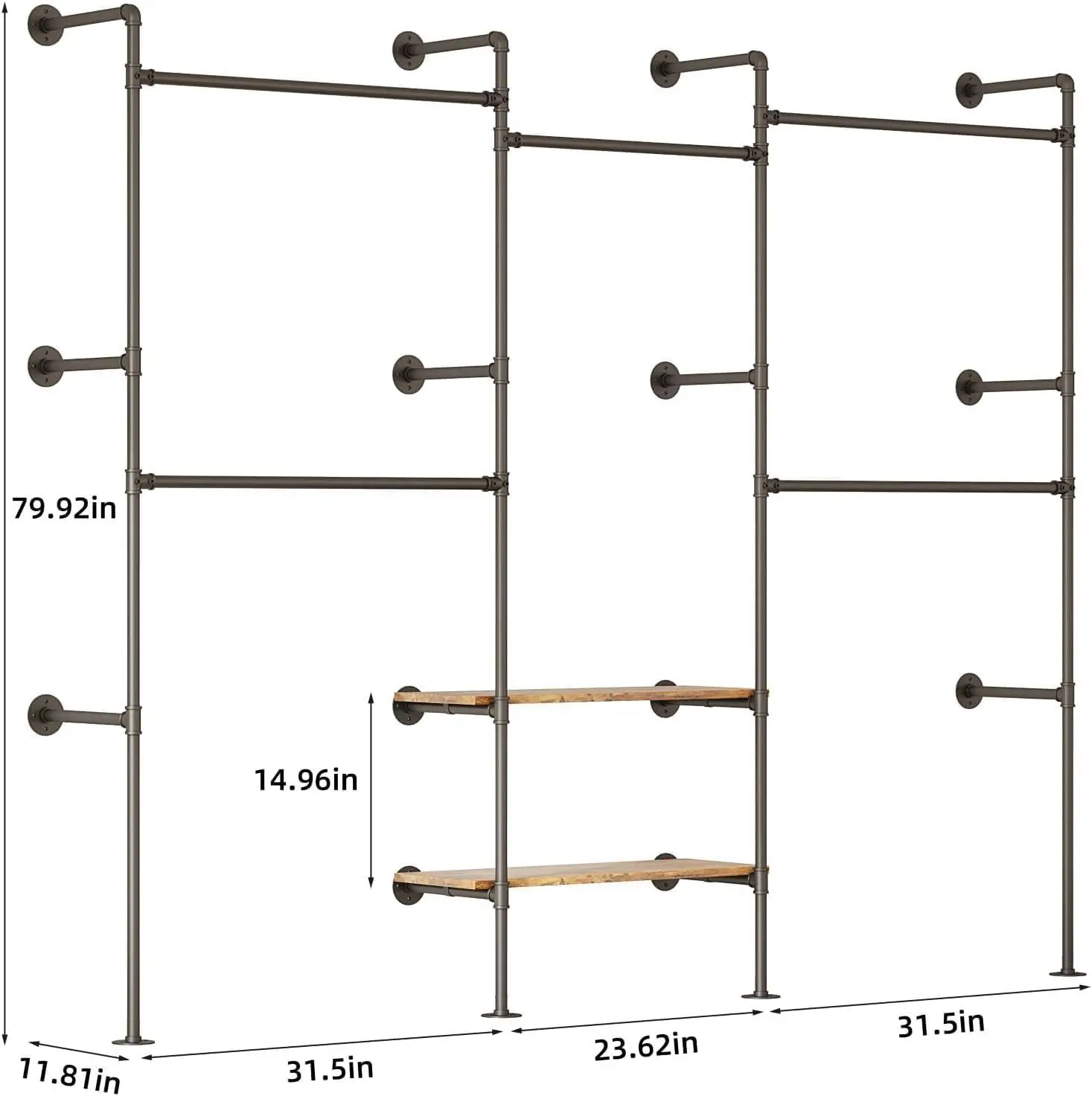Black L Shaped Corner Wall Mount Industrial Pipe Garment Rack with Storage Shelves, Walk-in Closet Organizer with Two Installation Methods