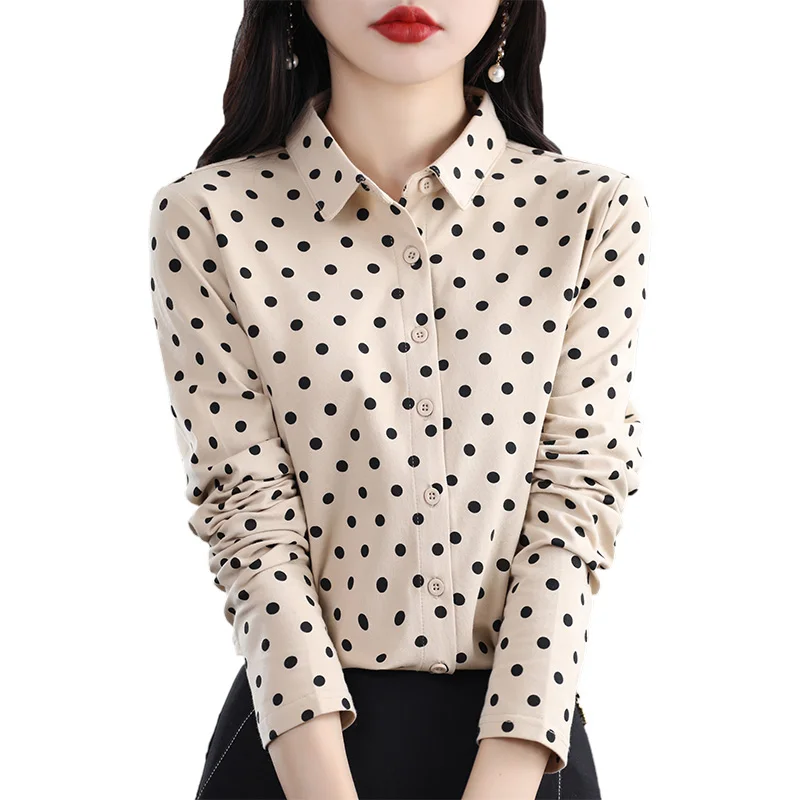 Women\'s New 100% Cotton Soft Sweater Polka-dot Knitted Polo Collar Long Sleeve Cardigan Spring Summer Shirt Ladies\' Blouse Top