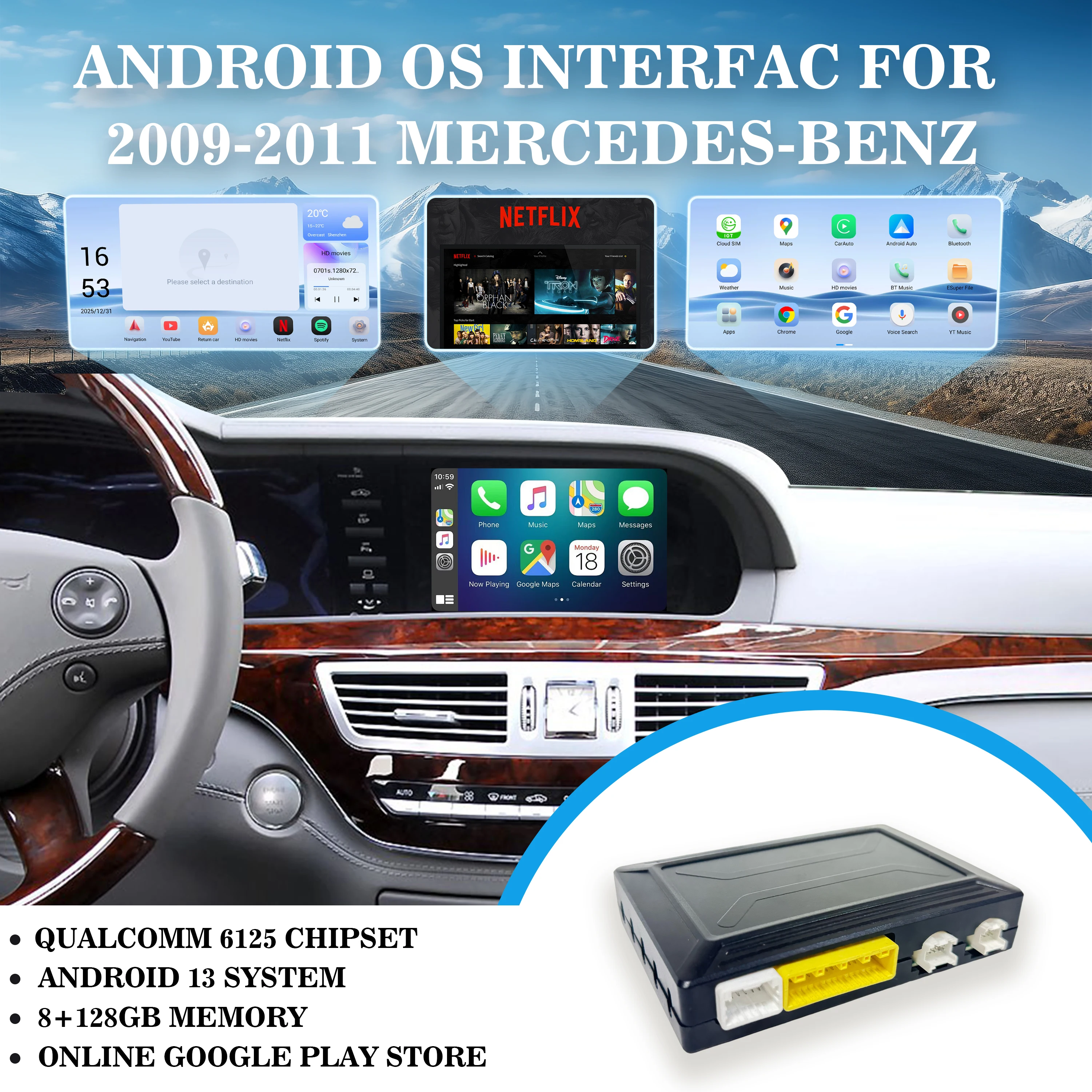 

Wireless CarPlay Android Auto Interface for 2009-2011 Mercedes Benz A B C E GLK GLA ML SLK Class NTG4.0 NTG4.5 Multimedia