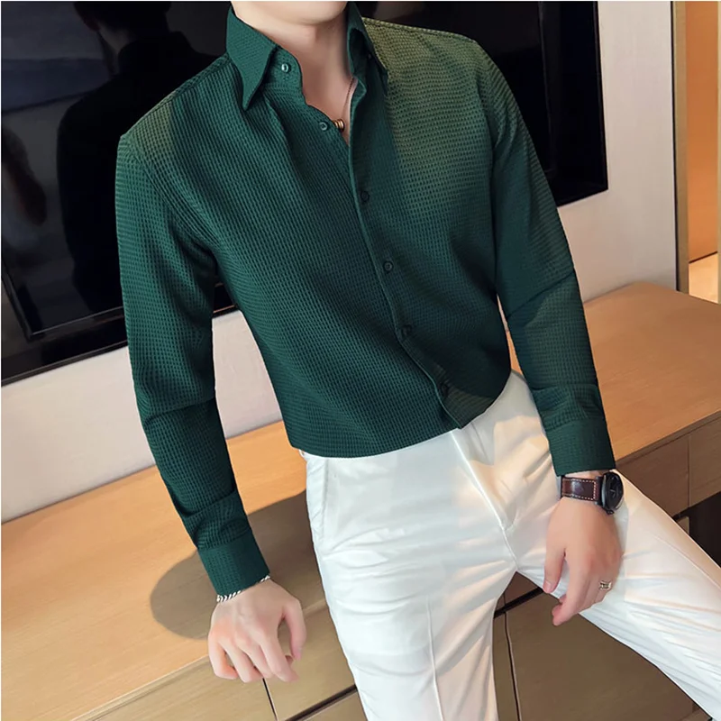 

Fashion 2022 New Waffle Fabric Solid Shirts Mens Long Sleeve Business Slim Fit Lapel Shirt Streetwear Man Social Party Blouse