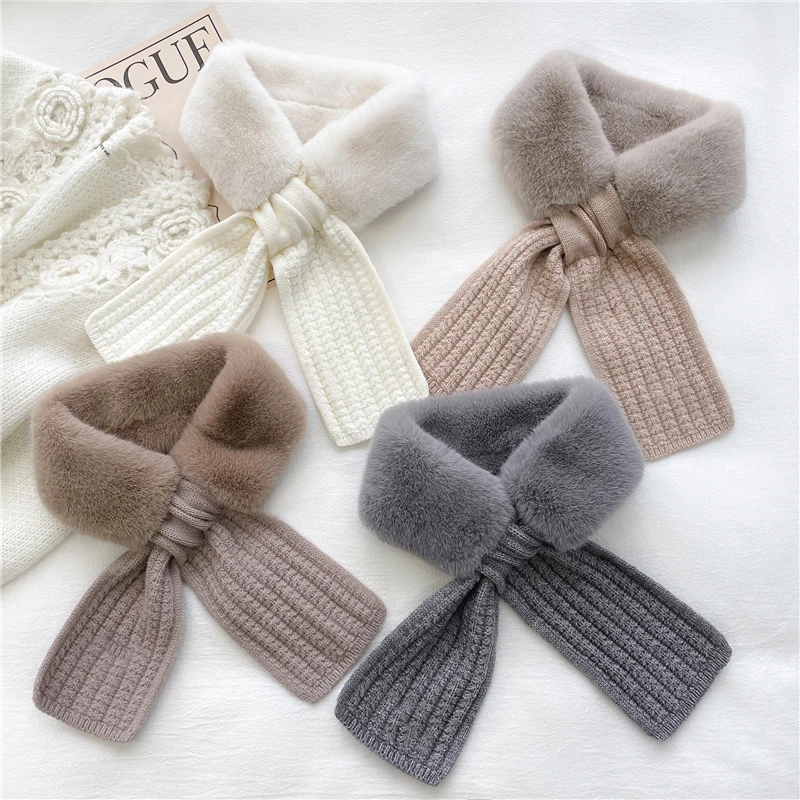 Woman\'s Rabbit Fur Knit Wool Cross Warm Scarf Winter Thicken Outdoor Neck Protect Cervical Spine False Collar Plush Scarves T21