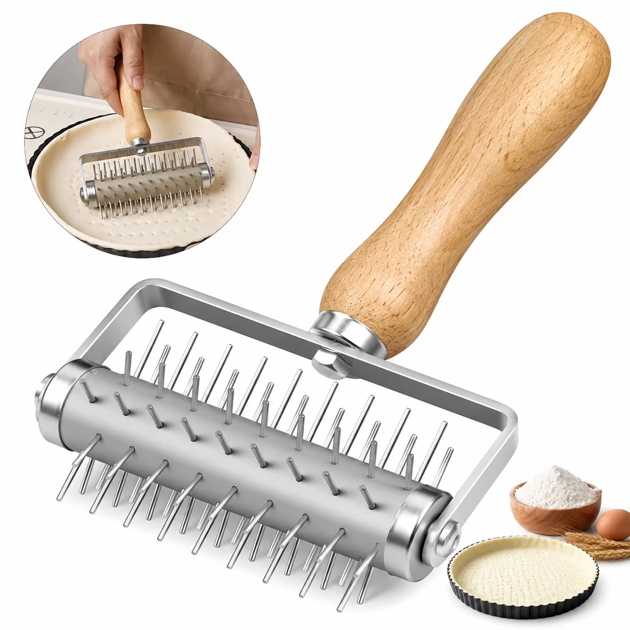 1pc Pizza Perforator Pastry Lattice Roller Stainless Steel Beech Handle Dough Biscuit Baking Tool Car Flower Wheel Needle