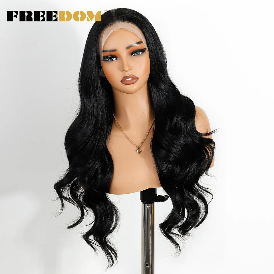 FREEDOM 13x4 Synthetische Lace-Front-Perücken für Damen, 26 Zoll, Body Wave, mit freiem Scheitel, natürliche, vorgezupfte Lace-Front-Perücke für den täglichen Gebrauch – Detail 10