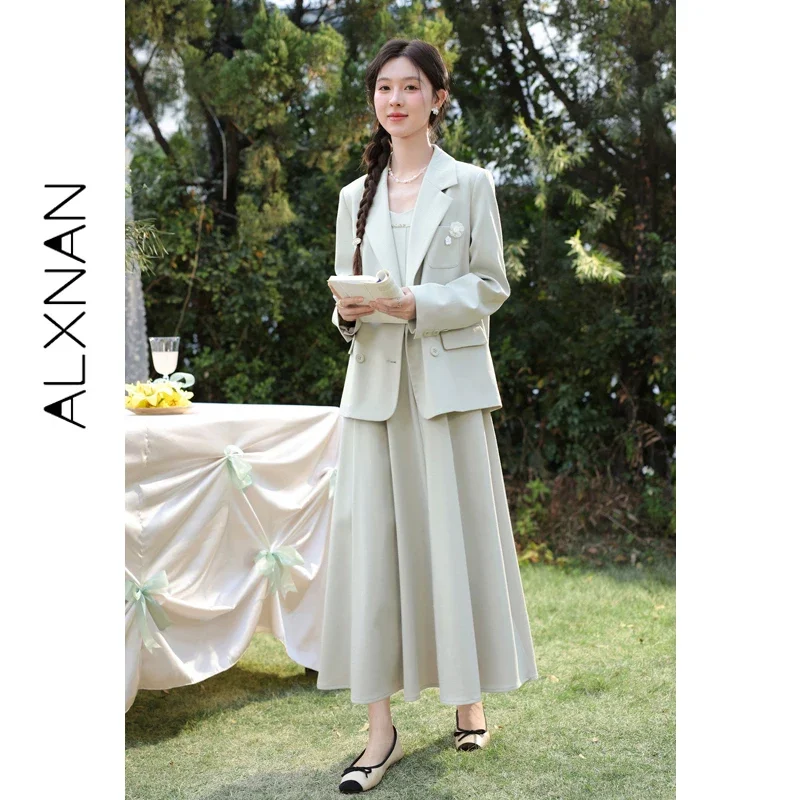 ALXNAN Light Green Blazer Women 2026 Fall Casual Fashion Office Lady Coats Elegant 3d Flower Design Long Sleeve Jacket L61709