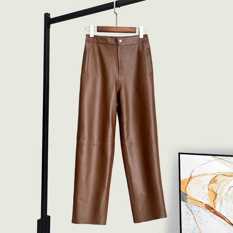 Winter New High Quality Genuine Real Leather Pants Women's Fashionable Sheepskin All-Matching Casual Cropped