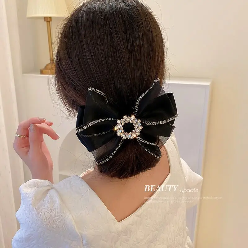 머리핀 Rhinestone Claw Clip Hair Bow Large Chiffon Bow Black Fabric Ribbon Flower Rose Claw Jaw Clamps Clips Accessories for Women