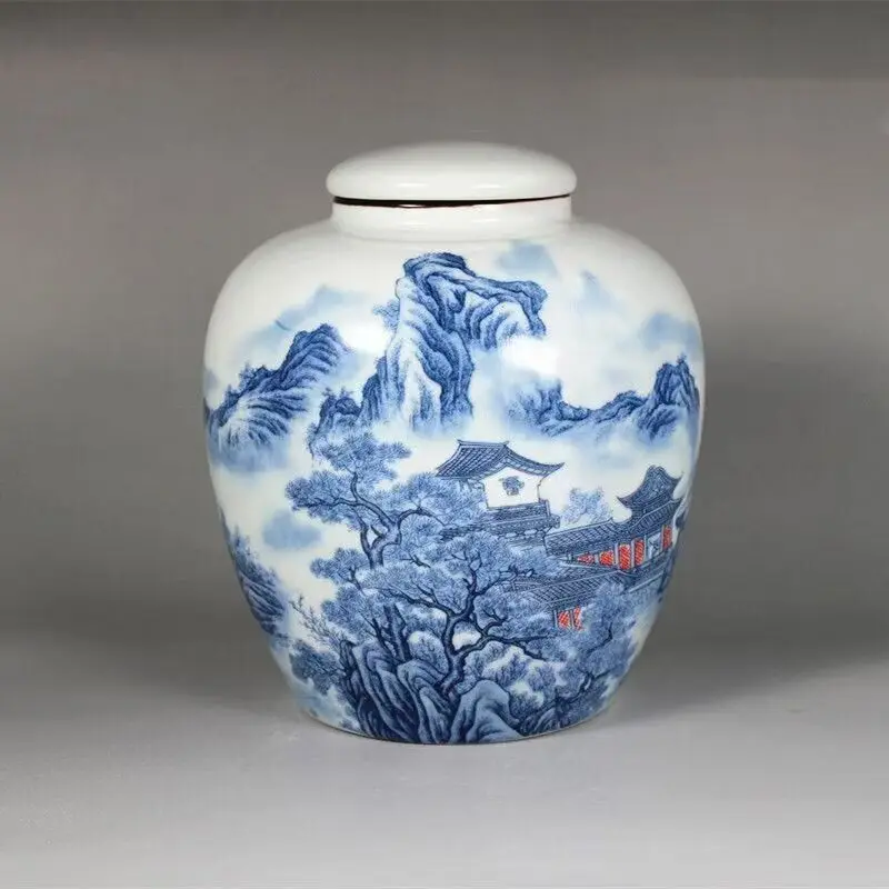

Chinese blue and white porcelain landscape tea jar, vase, jar,Jingdezhen,Chian