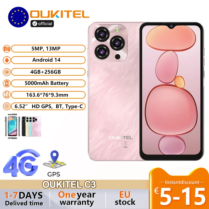 Smartphone OUKITEL C3 robuste, batterie 5000 mAh, jusqu'� 16 Go de RAM + 256 Go de ROM, corps ultra-fin de 9,3 mm, appareil photo principal 13 MP, �cran 6,52 pouces.