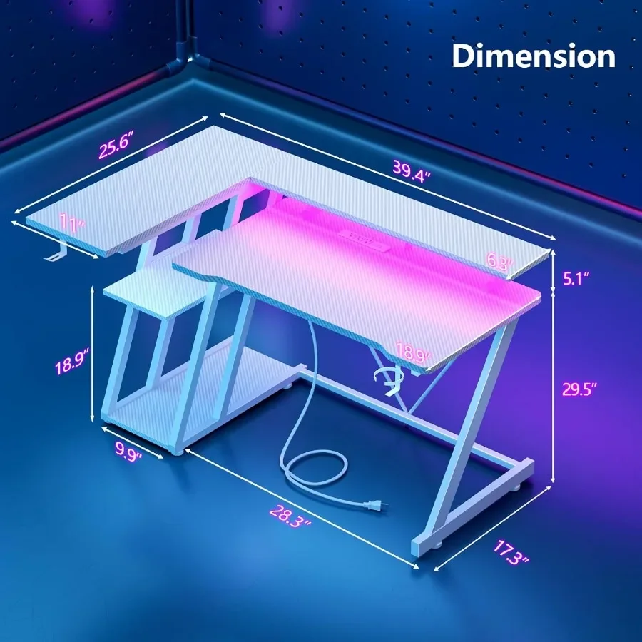 مكتب ألعاب على شكل حرف L مقاس 40 بوصة مع مخرج طاقة مدمج وأضواء LED محيطة ومكتب كمبيوتر زاوية يتميز بتخزين من 3 طبقات #2