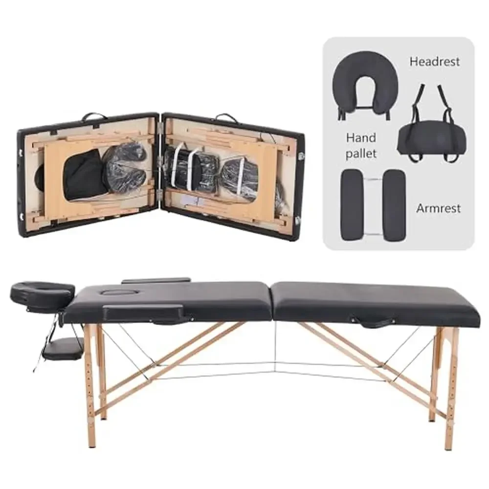 Mesa de massagem portátil com moldura de madeira, ajustável 2 dobras Spa cama leve e dobrável, salão de beleza e centro de saúde