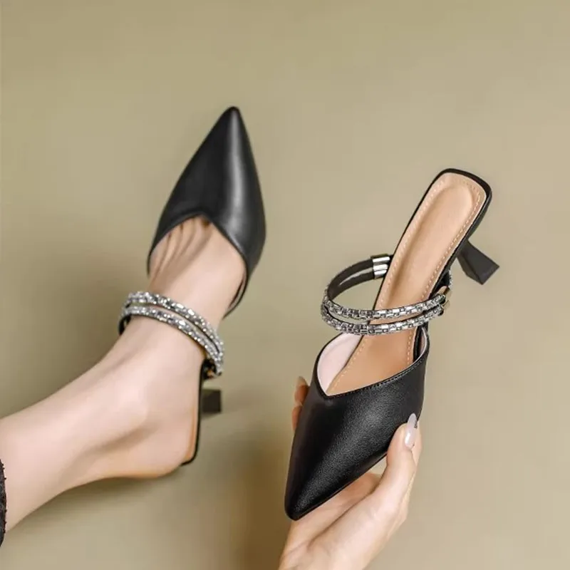 

Luxury Designer Slingback Ankle Strap Buckle High Heel Shoes Stiletto Heel Pointed Toe Dress Pumps Women Shallow Heel Sandalias