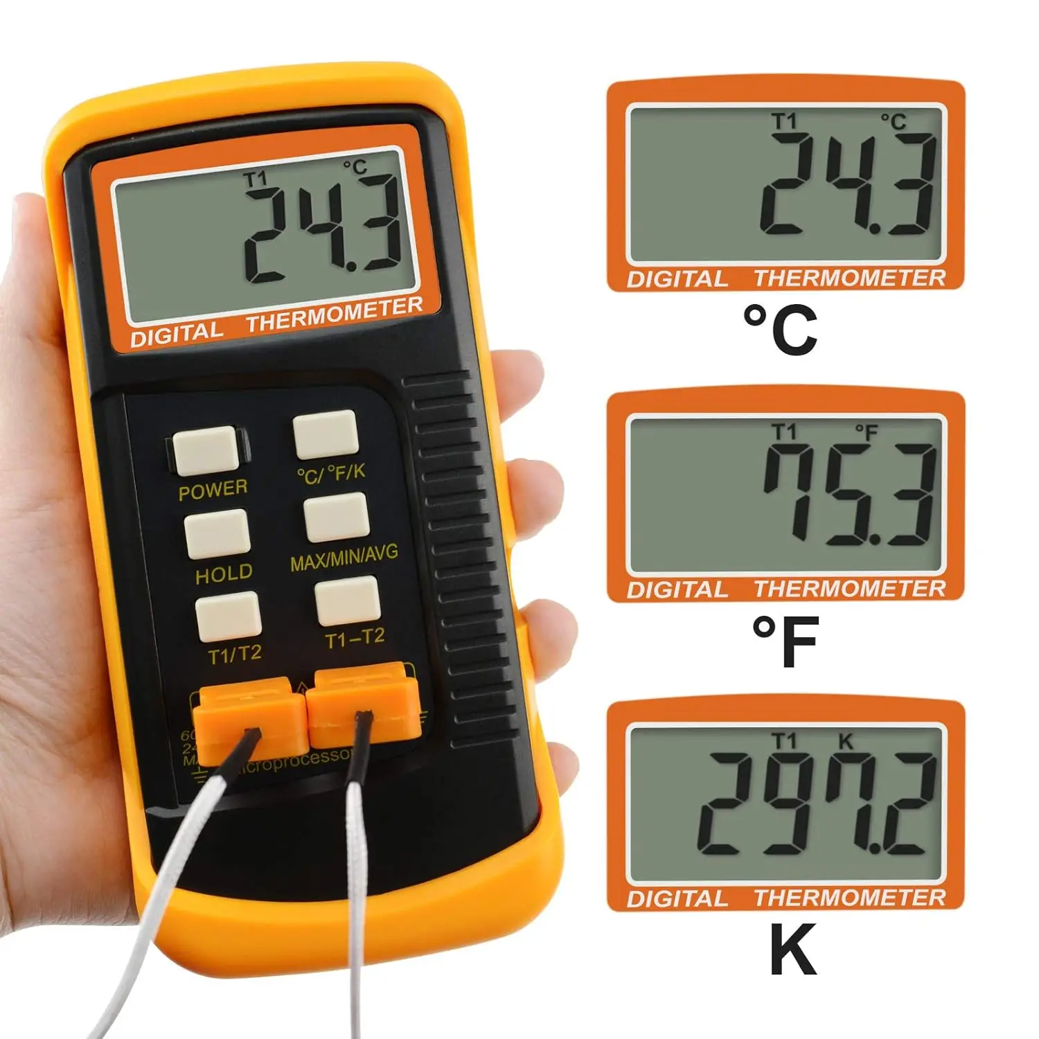 Profesjonalny termometr LCD z termoparą -50C-1300C Cyfrowy miernik temperatury typu K Dwukanałowa sonda C/F/K Swift Utrzymanie danych