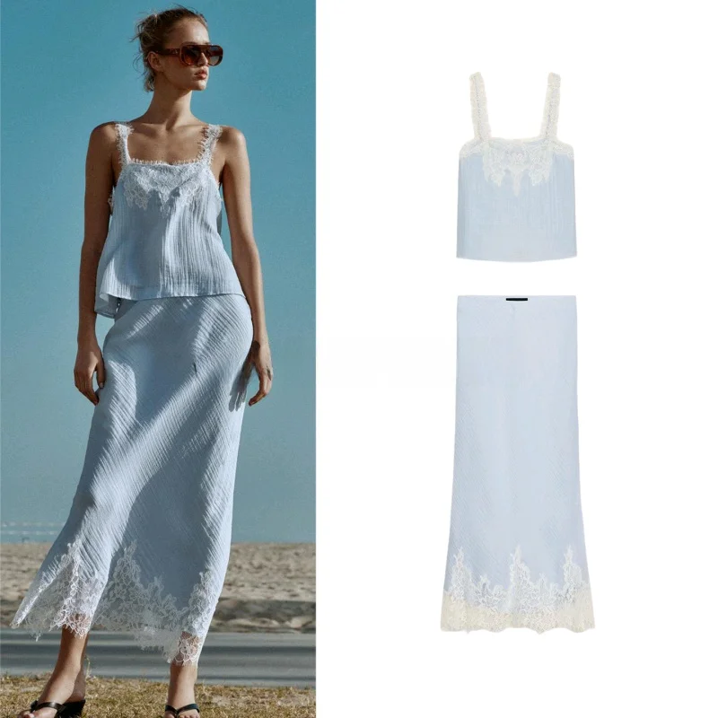 

Short Lace Trim Midi Skirt And Sleeveless Top with Square Collar Two Piece Set for Women Fashionable Spring Outfit without Brand